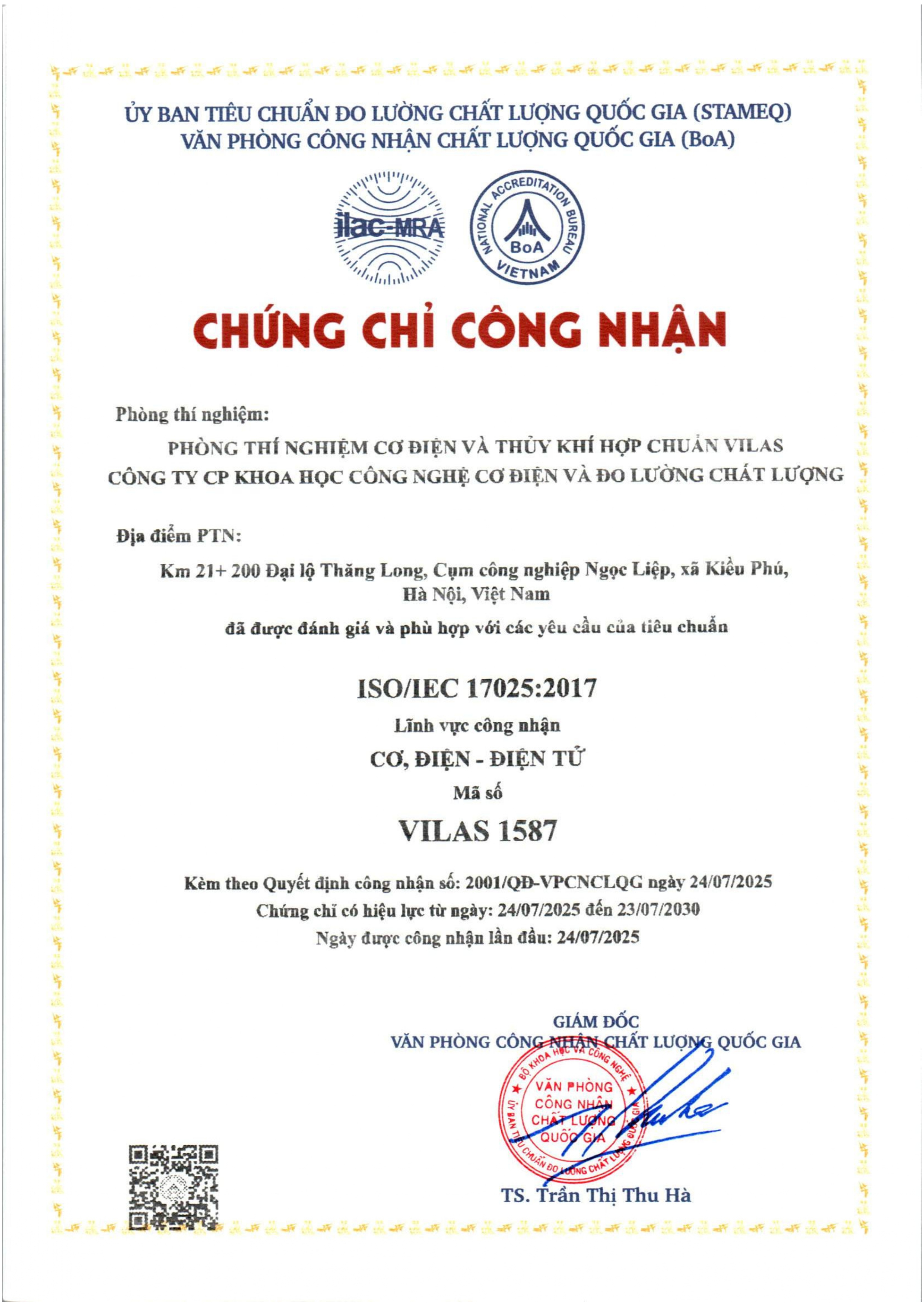 Chứng chỉ công nhận Phòng thí nghiệm cơ điện thủy khí hợp chuẩn VILAS